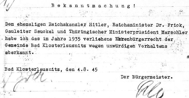 Beispiel eine4s frühen Widerrufs von Ehrenbürgerschaften der Stadt Bad Klausnitz 