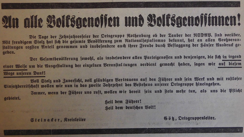 Aufruf des Kreisleitrers Steinacker und des Ortsgruppenleiters Götz im FA 1937