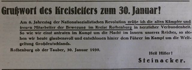 Feierstunde zum 30. Januar im Jahr 1939 in Rothenburg ob der Tauber (FA)