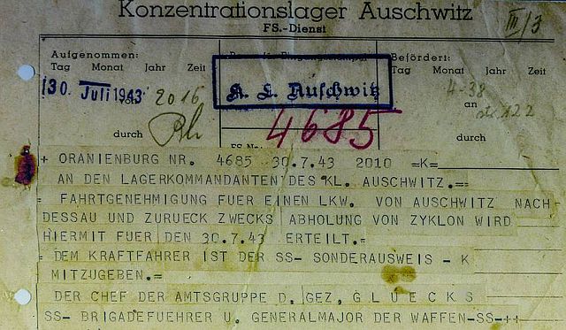 Telegramm über die Beschaffung von Giftgas für Auschwitz