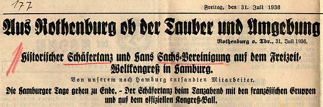 Bericht über die Rückkehr der Schäfertänzer und Hans-Sachser aus Hamburg 1936